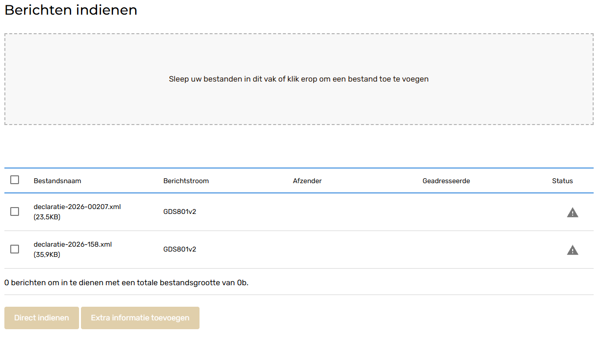 VECOZO, Berichten indienen met twee gekozen declaratiebestanden in de lijst; in dit voorbeeld zijn het testbestanden die VECOZO niet accepteert
