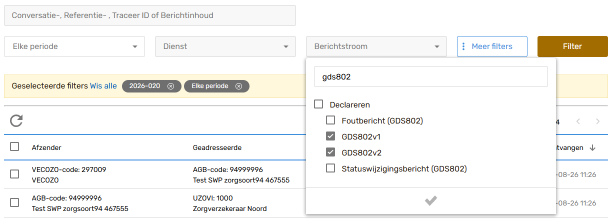 VECOZO, het filter Berichtstroom met gds802 ingetypt en GDS802v1 en GDS802v2 aangevinkt